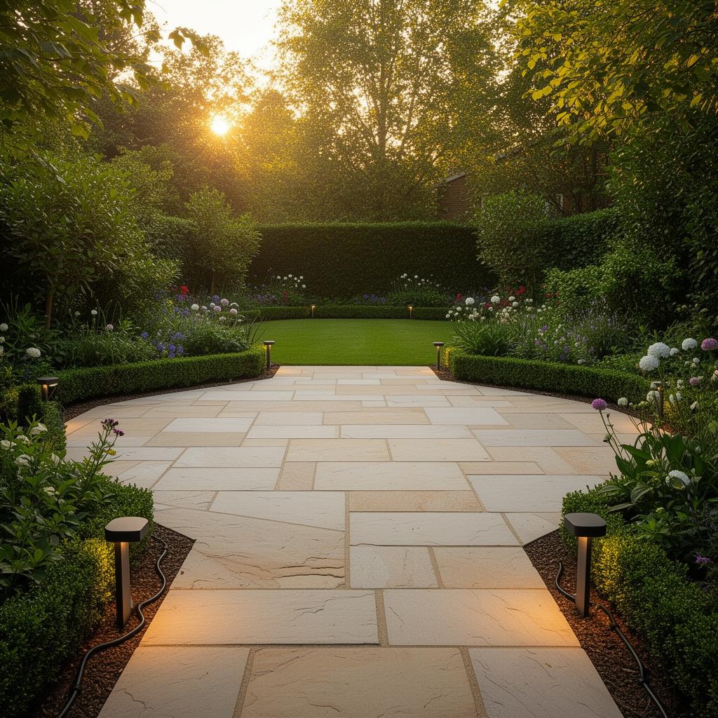 Natural stone patio with low garden lighting and planted beds